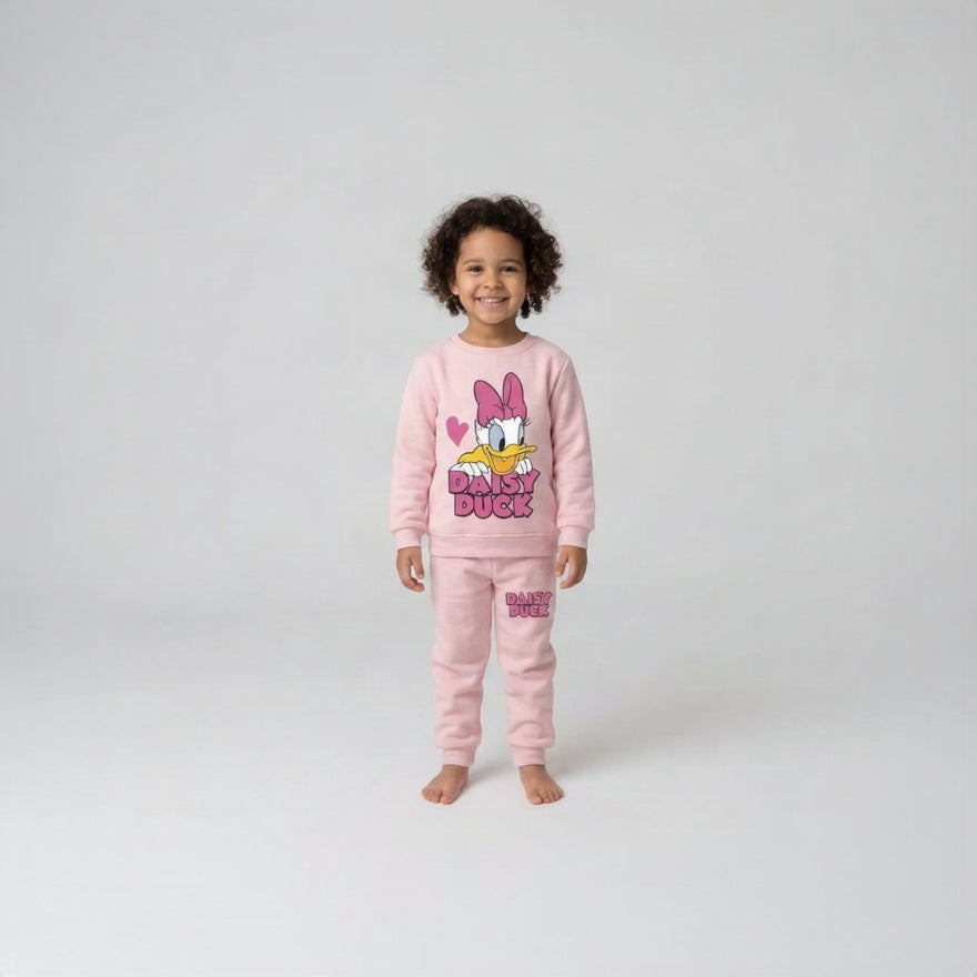 25.Girls "Daisy Duck" Character Graphic Fleece Tracksuit Set – Soft Pink (Ages 1–12 Years)