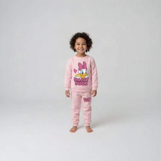 25.Girls "Daisy Duck" Character Graphic Fleece Tracksuit Set – Soft Pink (Ages 1–12 Years)