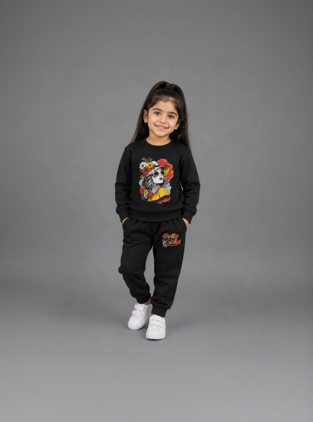 26.Girls "Pretty Girl" Floral Graphic Fleece Tracksuit Set – Jet Black (Ages 1–12 Years)