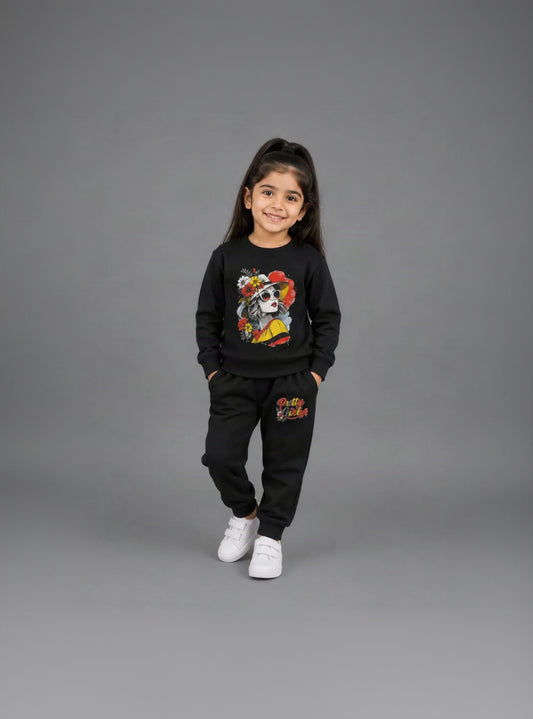 26.Girls "Pretty Girl" Floral Graphic Fleece Tracksuit Set – Jet Black (Ages 1–12 Years)