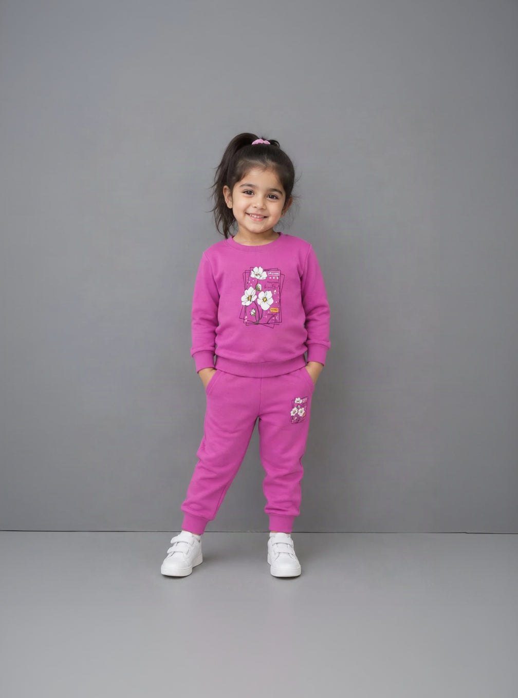 18.Girls Floral Print Fleece Tracksuit Set – Magenta / Pink (Ages 1–12 Years)