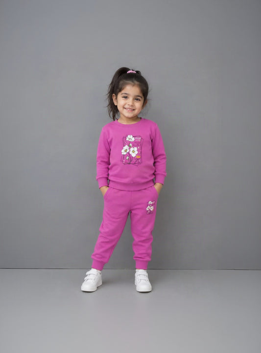 18.Girls Floral Print Fleece Tracksuit Set – Magenta / Pink (Ages 1–12 Years)