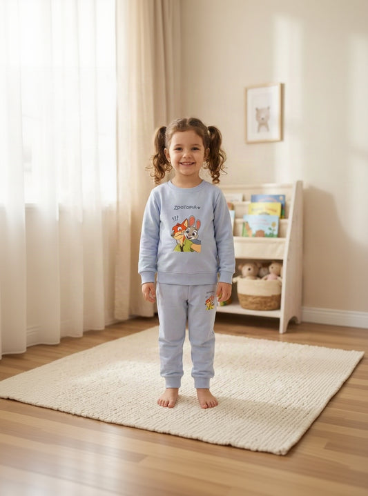 32.Kids "Zootopia" Character Graphic Fleece Tracksuit Set – Light Sky Blue (Ages 1–12 Years)