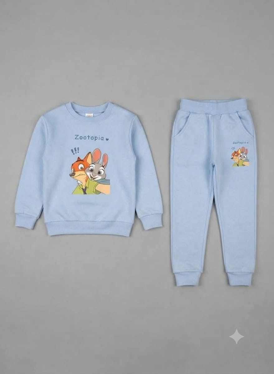 32.Kids "Zootopia" Character Graphic Fleece Tracksuit Set – Light Sky Blue (Ages 1–12 Years)