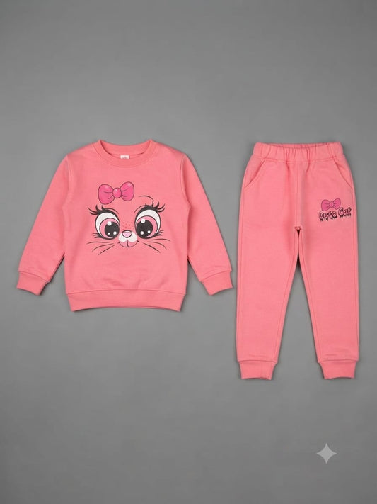 29.Girls "Cute Cat" Graphic Fleece Tracksuit Set – Peach Pink (Ages 1–12 Years)
