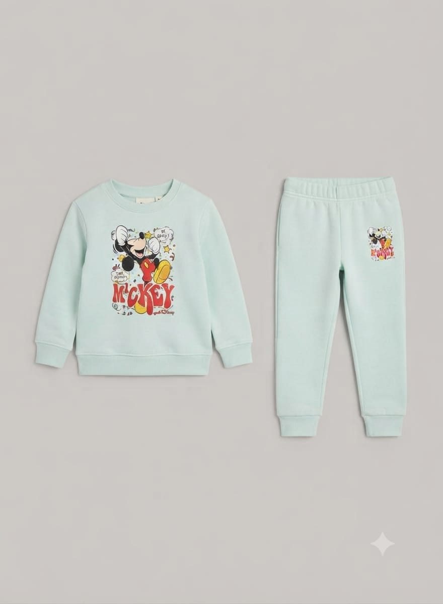 31.Kids "MICKEY" Character Graphic Fleece Tracksuit Set – Light Mint Green (Ages 1–12 Years)