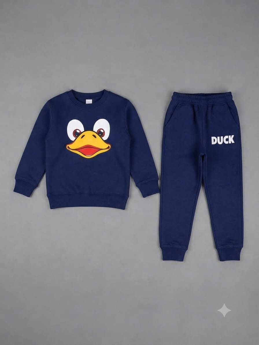 28.Kids "DUCK" Face Graphic Fleece Tracksuit Set – Navy Blue (Ages 1–12 Years)