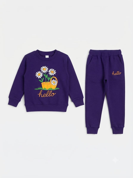 27.Girls "Hello" Daisy Basket Fleece Tracksuit Set – Deep Purple (Ages 1–12 Years)