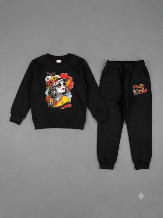 26.Girls "Pretty Girl" Floral Graphic Fleece Tracksuit Set – Jet Black (Ages 1–12 Years)