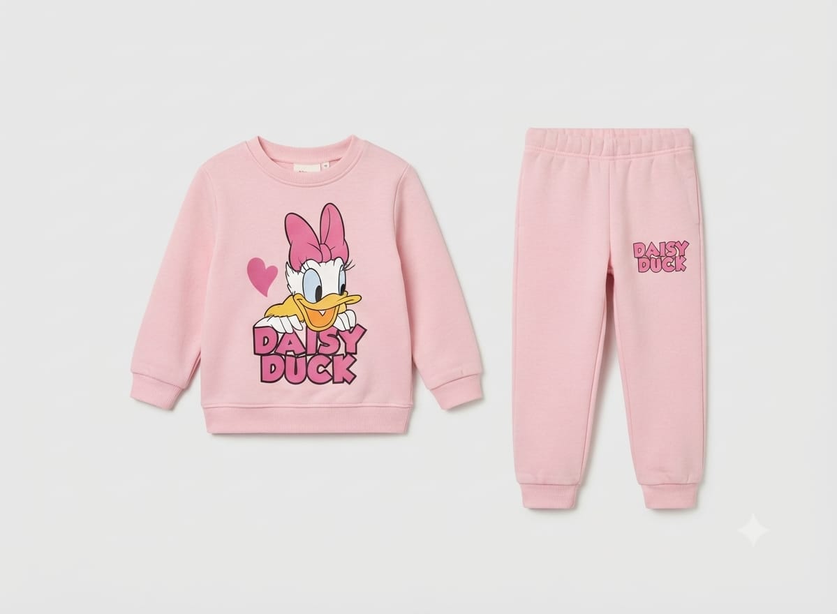 25.Girls "Daisy Duck" Character Graphic Fleece Tracksuit Set – Soft Pink (Ages 1–12 Years)