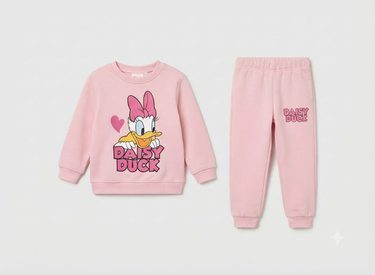 25.Girls "Daisy Duck" Character Graphic Fleece Tracksuit Set – Soft Pink (Ages 1–12 Years)