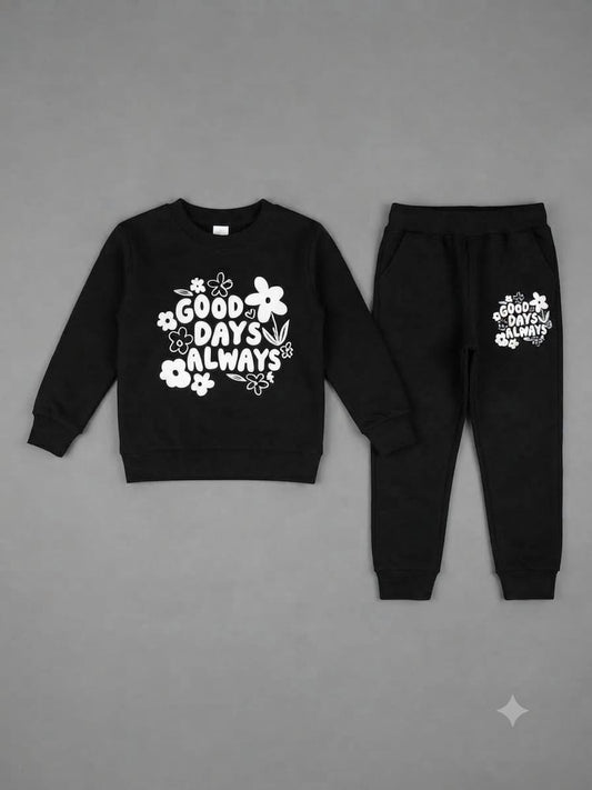 24.Girls "GOOD DAYS ALWAYS" Floral Fleece Tracksuit Set – Jet Black (Ages 1–12 Years)