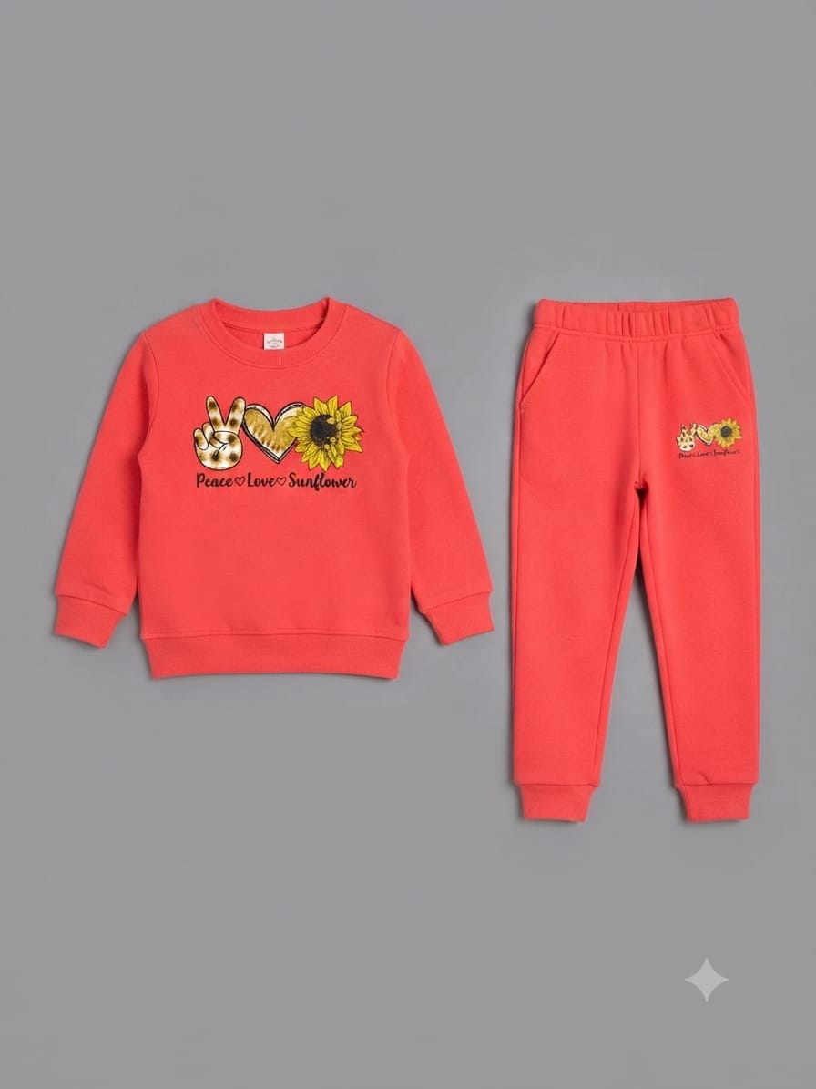 23.Girls "Peace Love Sunflower" Fleece Tracksuit Set – Coral Pink / Red (Ages 1–12 Years)