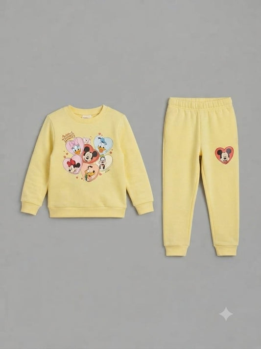 22.Girls Character Heart Graphic Fleece Tracksuit Set – Pastel Yellow (Ages 1–12 Years)