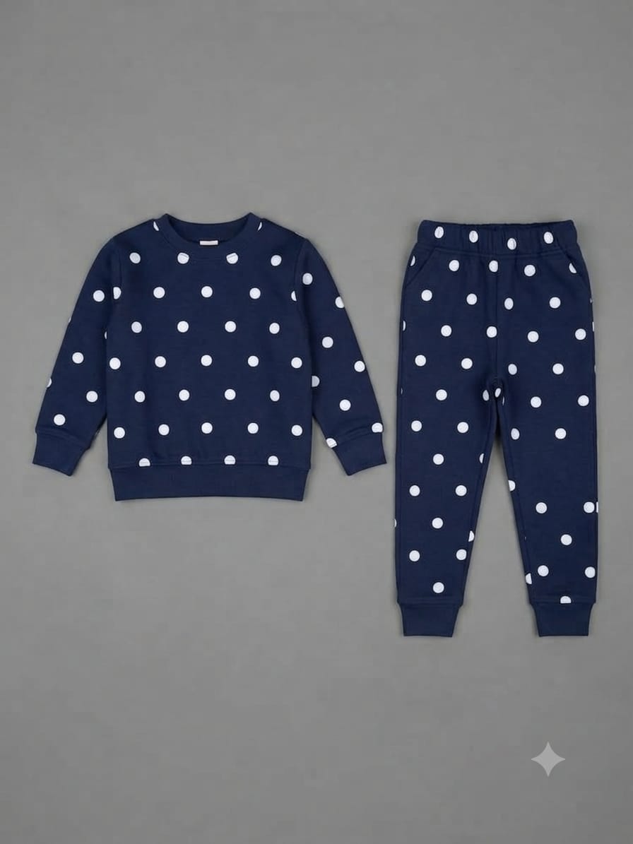 21.Girls Polka Dot Print Fleece Tracksuit Set – Navy Blue (Ages 1–12 Years)