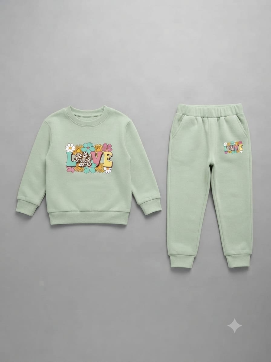 20.Girls "LOVE" Graphic Floral Fleece Tracksuit Set – Sage Mint Green (Ages 1–12 Years)