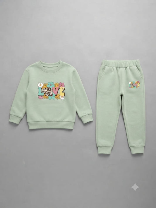 20.Girls "LOVE" Graphic Floral Fleece Tracksuit Set – Sage Mint Green (Ages 1–12 Years)