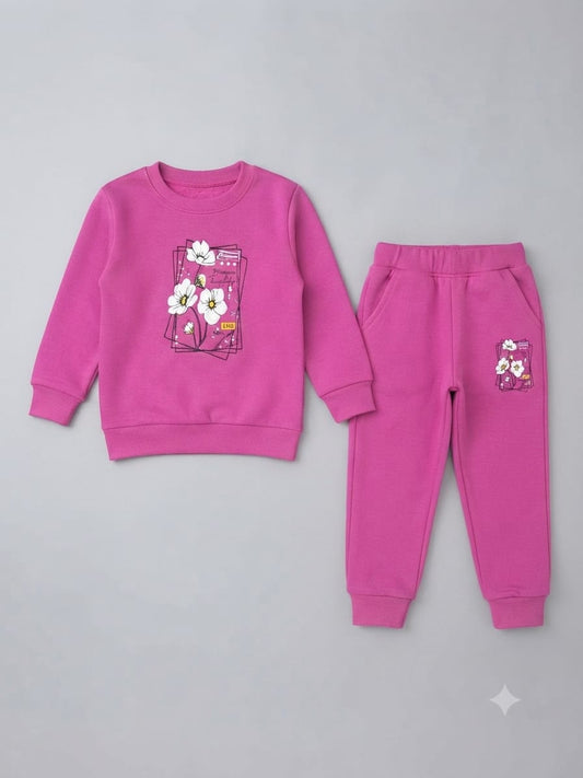 18.Girls Floral Print Fleece Tracksuit Set – Magenta / Pink (Ages 1–12 Years)
