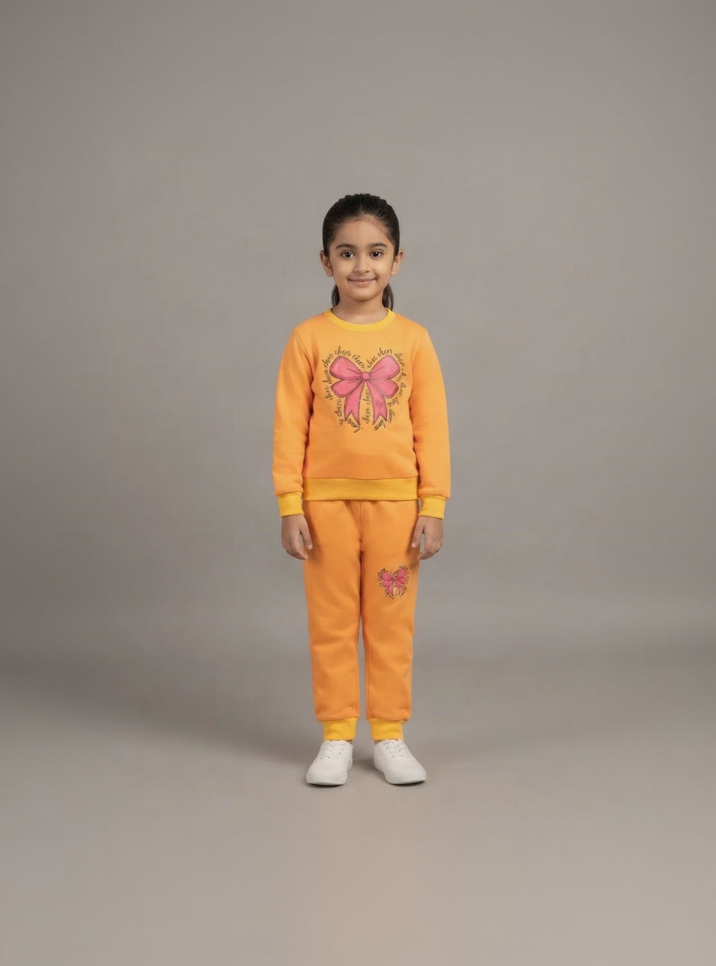 35.Girls’ Cute Bow Print Sweatshirt & Jogger Set | Ages 1–12 Years
