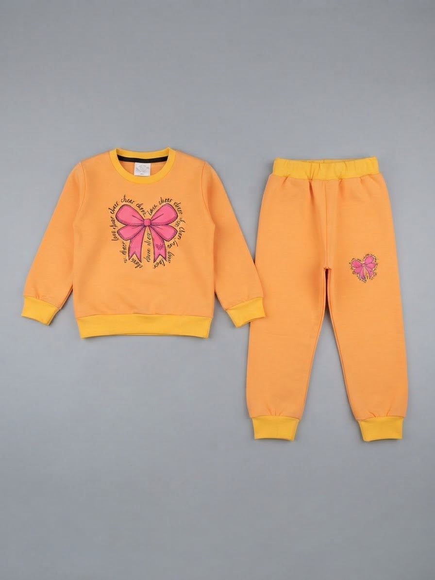 35.Girls’ Cute Bow Print Sweatshirt & Jogger Set | Ages 1–12 Years