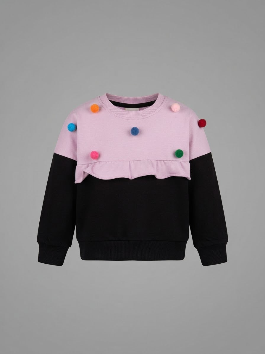 1.Girls Lilac & Black Pom-Pom Ruffle Sweatshirt (Ages 1–10 Years)