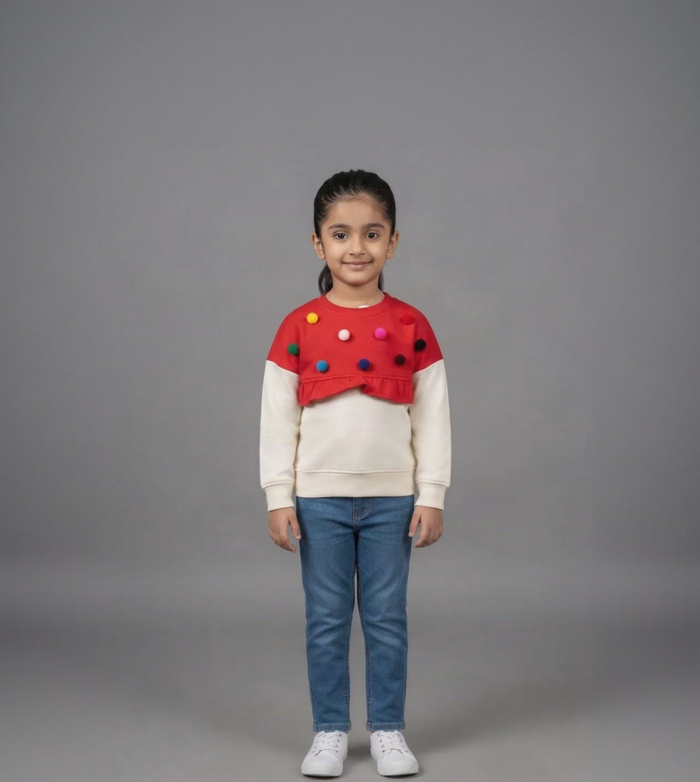 1.Girls Red & Off-White Pom-Pom Ruffle Sweatshirt (Ages 1–10 Years)