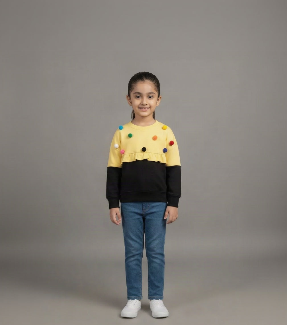 1.Kids Multi-Color Pom-Pom Ruffle Sweatshirt (Ages 1–10 Years)