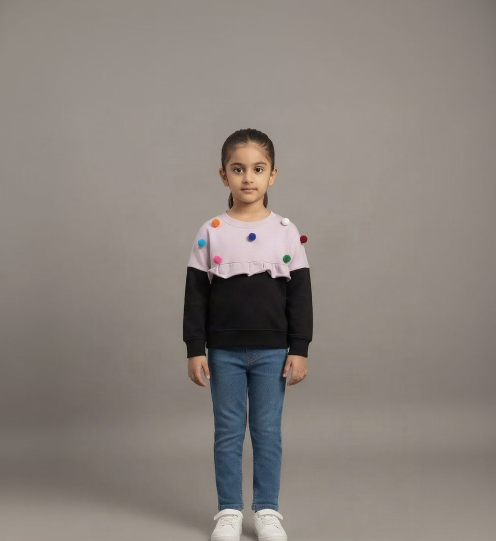 1.Girls Lilac & Black Pom-Pom Ruffle Sweatshirt (Ages 1–10 Years)