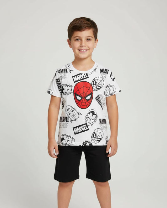 1.Marvel Spider-Man Kids Summer Set – Graphic T-Shirt & “Hello Summer” Shorts Outfit Size 1-10 year.