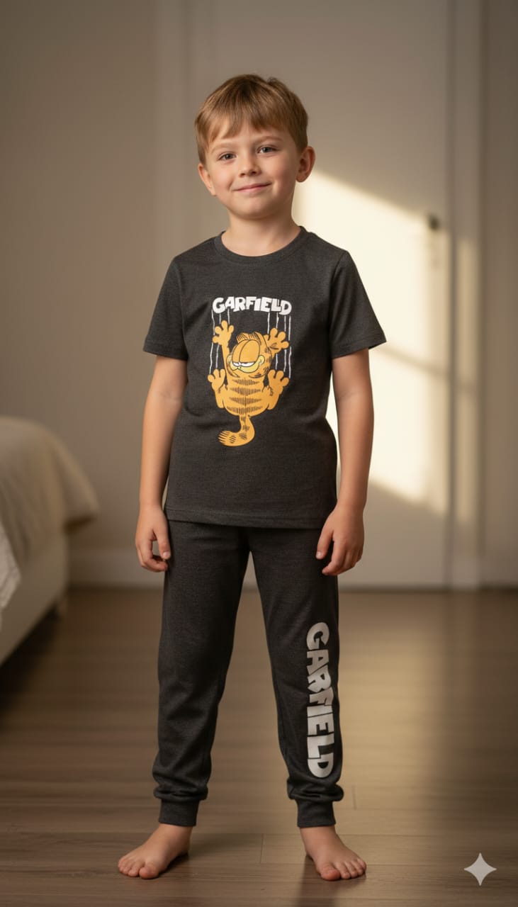 25.Garfield Kids Charcoal Grey T-Shirt & Trouser Set – Soft Cotton Summer Outfit. Size 1-10 years.