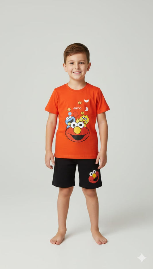 14. Elmo Kids Orange T-Shirt & Black Shorts Set – 2 Piece Cartoon Summer Outfit. Size 1-10 years.