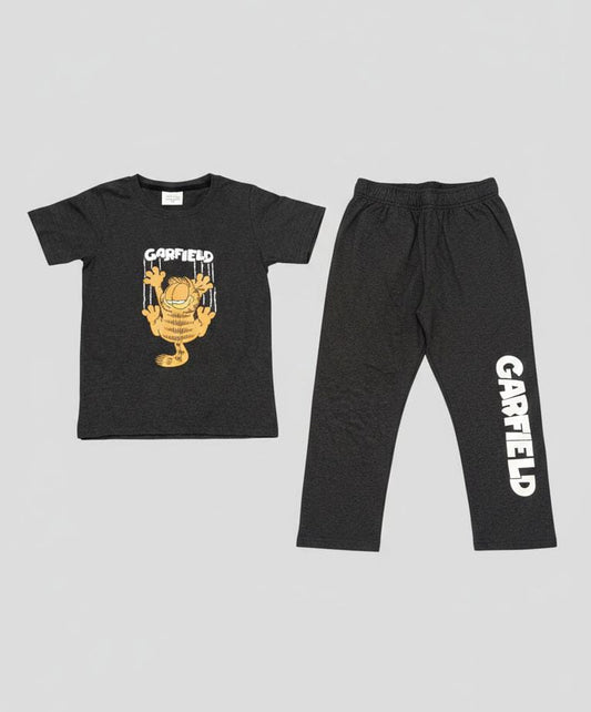 25.Garfield Kids Charcoal Grey T-Shirt & Trouser Set – Soft Cotton Summer Outfit. Size 1-10 years.
