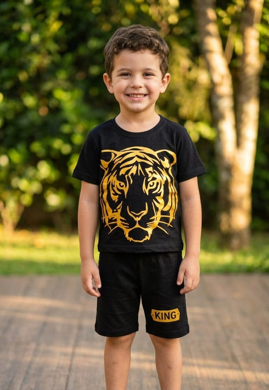 15. Premium Black Tiger Print Boys T-Shirt & Shorts Set | Ages 1–10 Years
