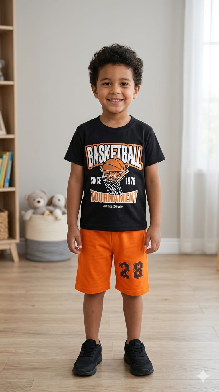 24.  Kids Basketball Tournament T-Shirt & Shorts Set | Black & Orange | Ages 1–10 Years