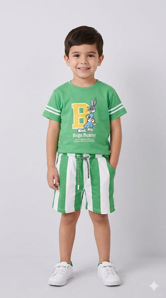 28. The Sporty Favorite: Kids' Bugs Bunny Green Varsity T-Shirt & Striped Shorts Set. Age 1-10 years.