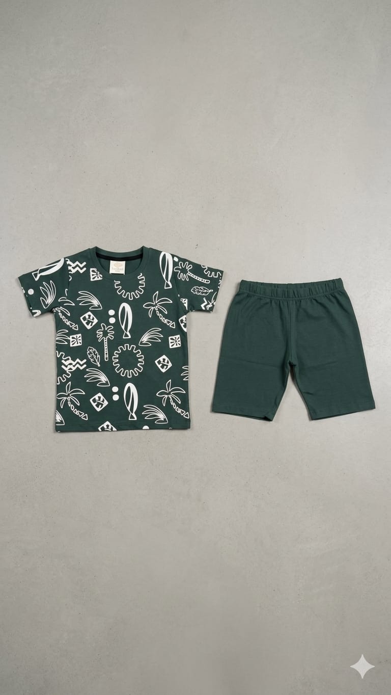 12.Trendy Green Printed T-Shirt & Shorts Set for Kids (1–10 Years)