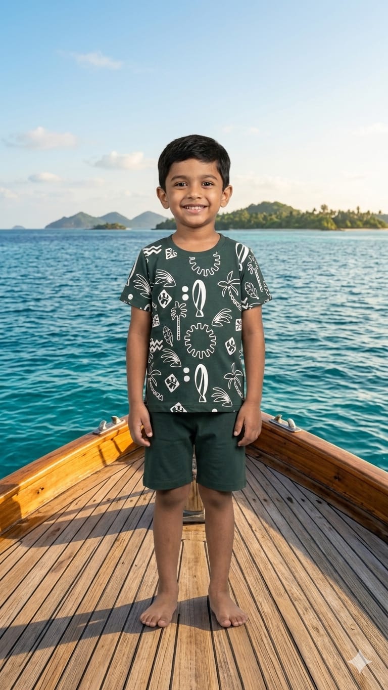 12.Trendy Green Printed T-Shirt & Shorts Set for Kids (1–10 Years)