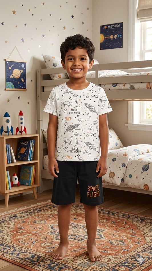 11.Space Theme Printed T-Shirt & Shorts Set for Kids (1–10 Years)