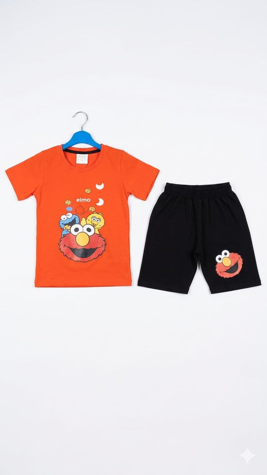 14. Elmo Kids Orange T-Shirt & Black Shorts Set – 2 Piece Cartoon Summer Outfit. Size 1-10 years.