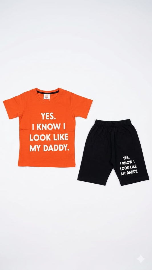 1. Boys "Look Like My Daddy" Summer T-Shirt & Shorts Set – Orange & Black (Age 1-10 Years)