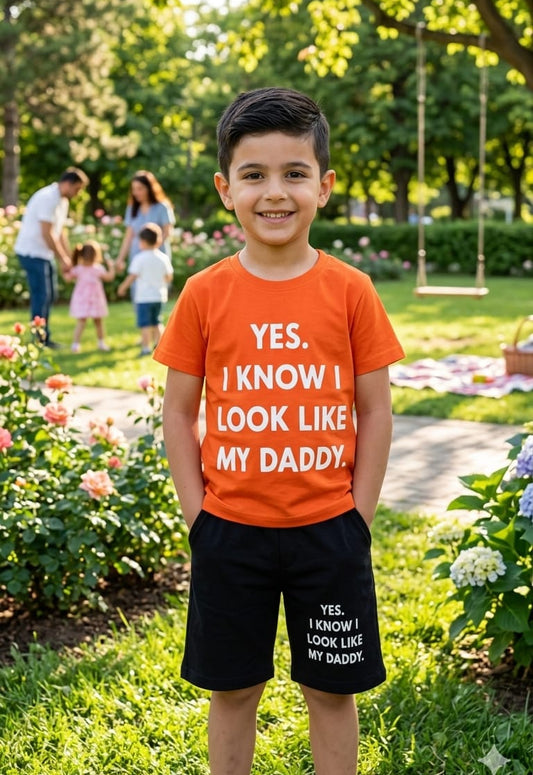 1. Boys "Look Like My Daddy" Summer T-Shirt & Shorts Set – Orange & Black (Age 1-10 Years)
