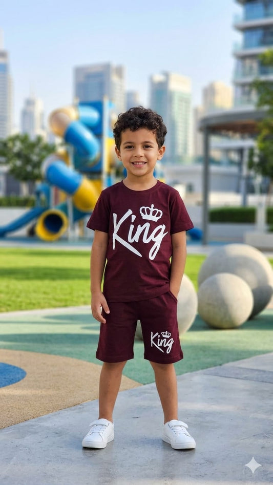 1. Boys "King" Summer T-Shirt & Shorts Set – Maroon (Age 1-10 Years)