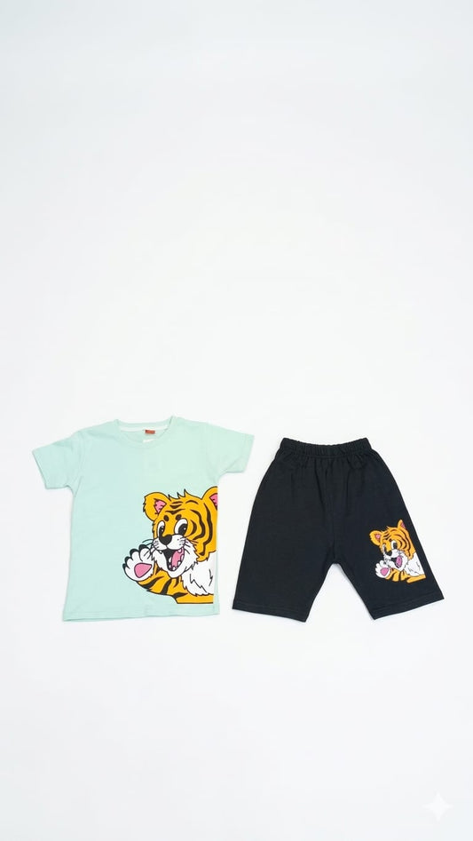 1. Kids' Casual Cartoon Tiger Print Short Sleeve Top and Shorts Set