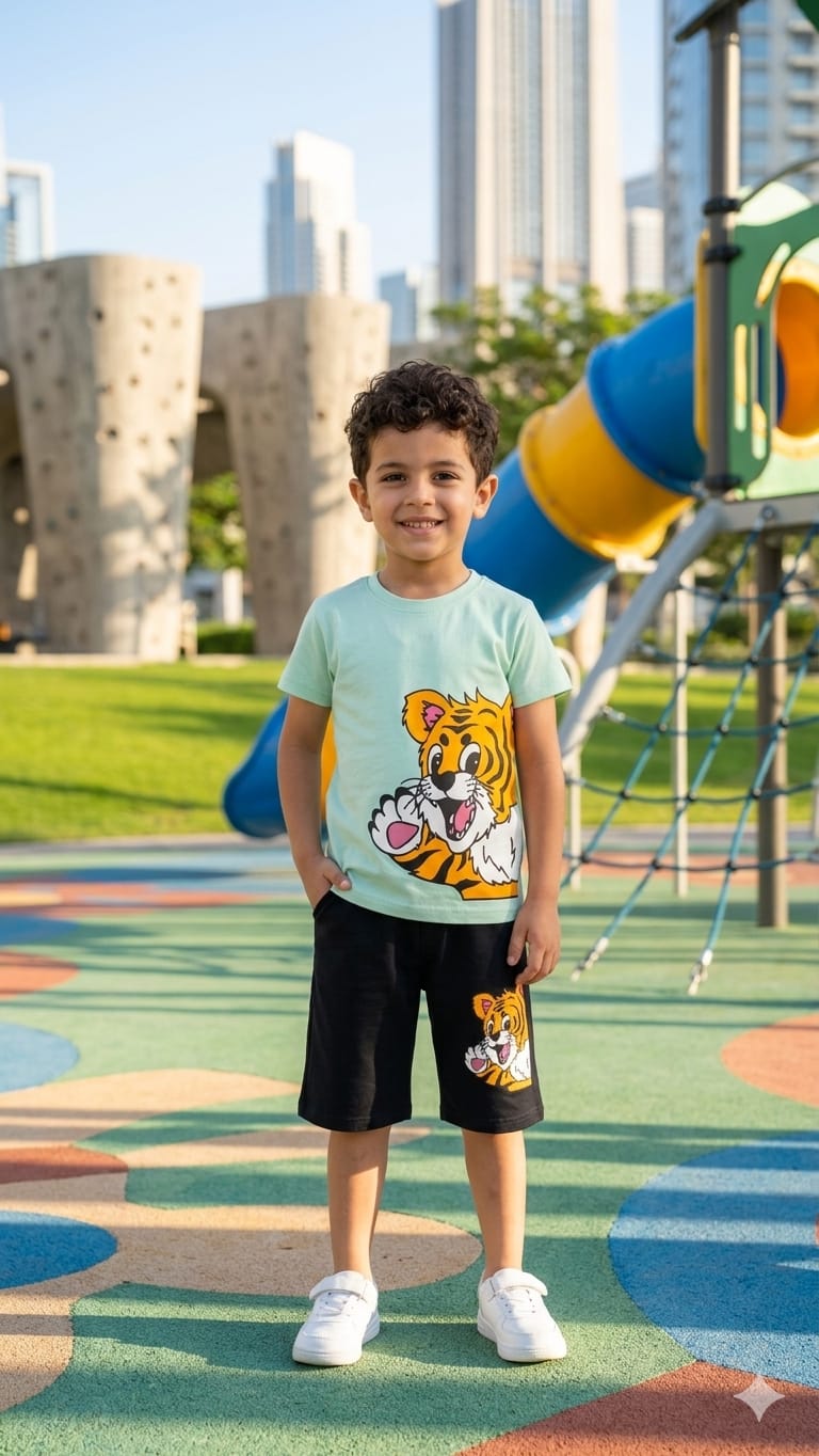 1. Kids' Casual Cartoon Tiger Print Short Sleeve Top and Shorts Set