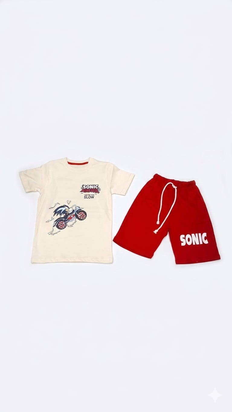 1. Boys Sonic Racing Summer Outfit – Cream T-Shirt & Red Shorts Set (Age 1-8 Years)