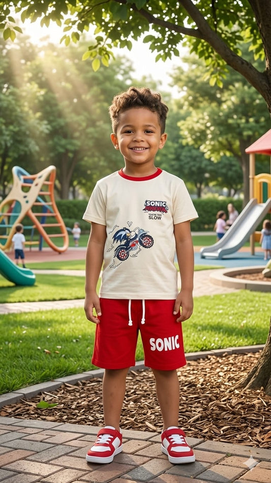 1. Boys Sonic Racing Summer Outfit – Cream T-Shirt & Red Shorts Set (Age 1-8 Years)