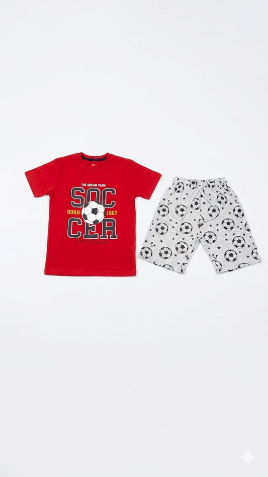 1. Boys Soccer Print Summer Outfit – Red T-Shirt & Football Shorts Set (Age 1-10 Years)