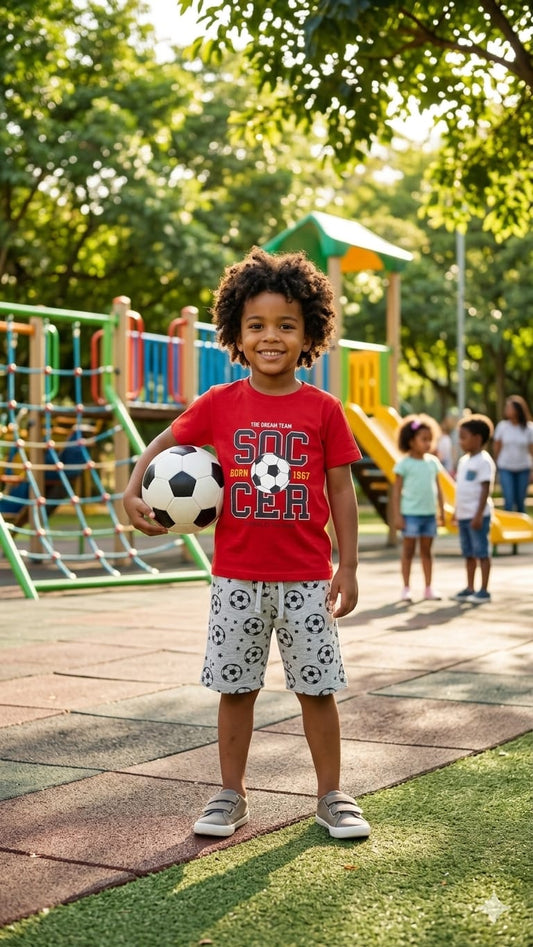 1. Boys Soccer Print Summer Outfit – Red T-Shirt & Football Shorts Set (Age 1-10 Years)