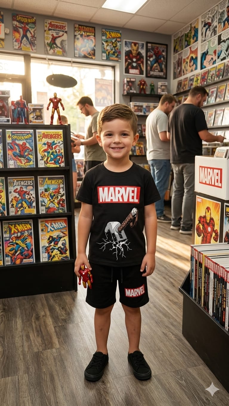1. Boys Marvel Superhero Summer Outfit – Black T-Shirt & Shorts Set (Age 1-12 Years)