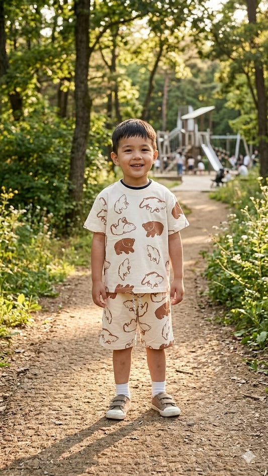 1. Cozy Bear All-Over Print Kids' T-Shirt & Shorts Set (Ages 1-12 Years)